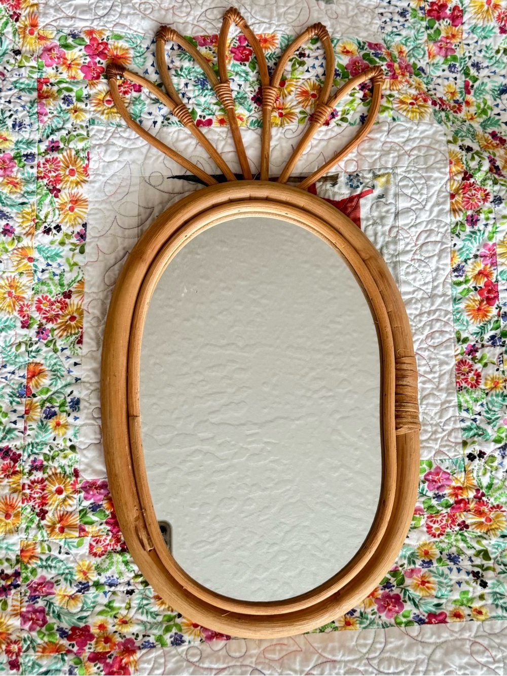 Pineapple Mirror Bamboo Boho Natural Rattan Shaped Wall 20” Retro VTG style